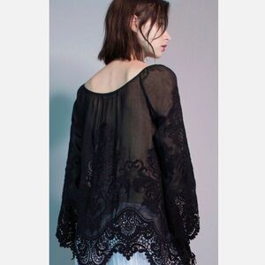 YOANA BARASCHI Designer Black Sheer Embroidered Long Bell Sleeves Blouse! Small